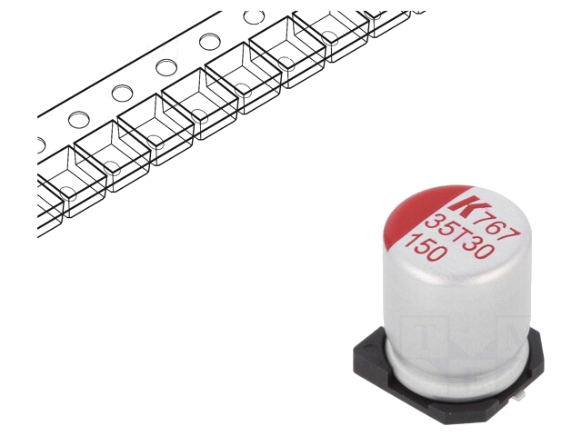 Condensator: polymeer; low ESR; 150uF; 35VDC; ESR: 28mΩ; SMD; ±20% Condensator: polymeer; low ESR; 150uF; 35VDC; ESR: 28mΩ; SMD; ±20%